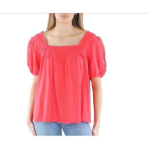 MODAL knit Top Smocked Puff Sleeve Square Neck Top pink Tommy Hilfiger NWT - Picture 1 of 9